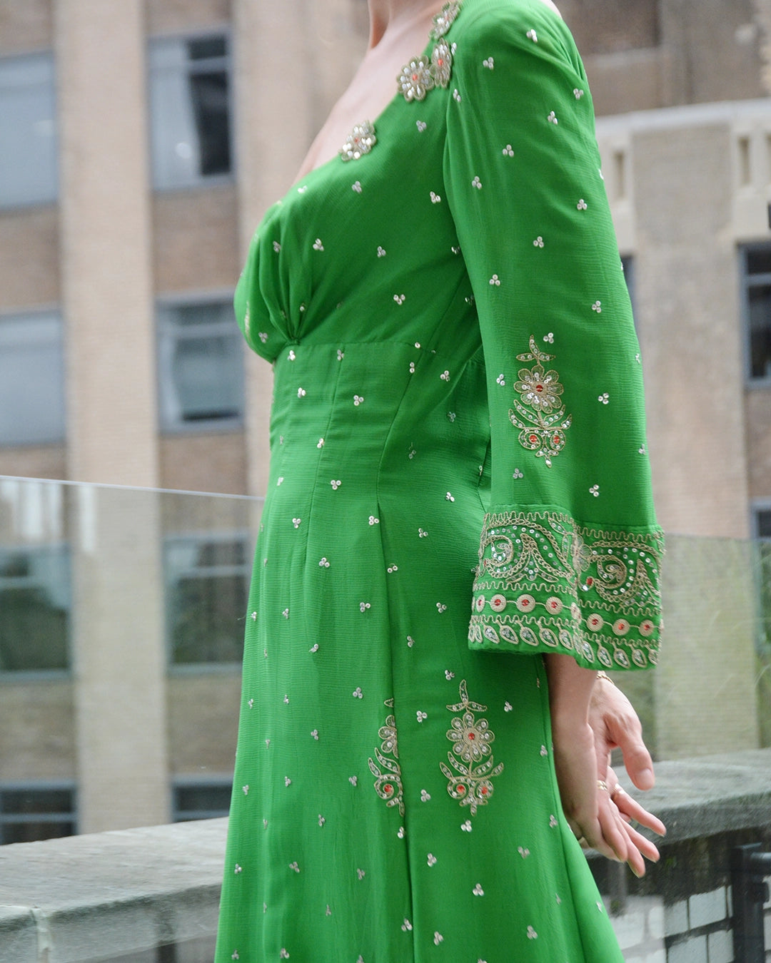 Vintage 1970s Embellished Silk Chiffon Gown, Custom Made