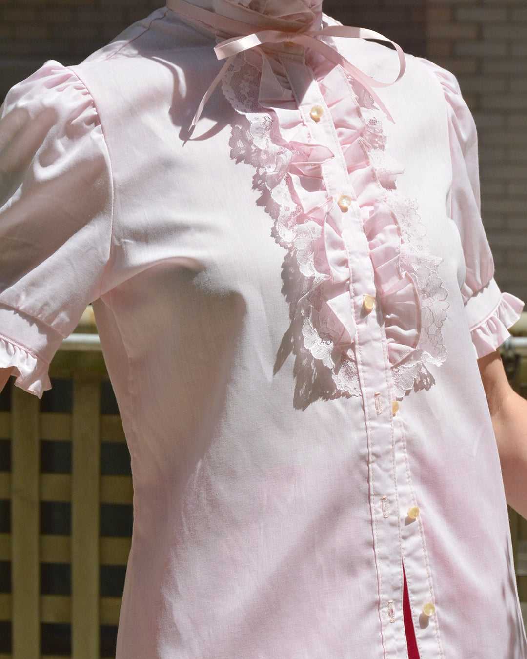 Vintage 1970s Pink Ruffled Blouse with Ribbon Tie