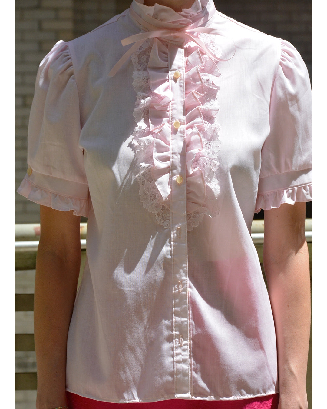 Vintage 1970s Pink Ruffled Blouse with Ribbon Tie