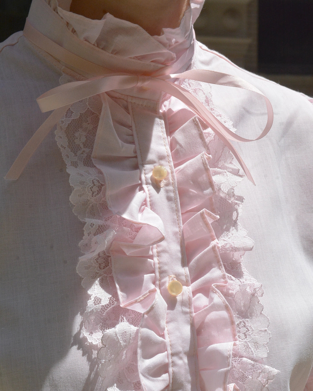 Vintage 1970s Pink Ruffled Blouse with Ribbon Tie