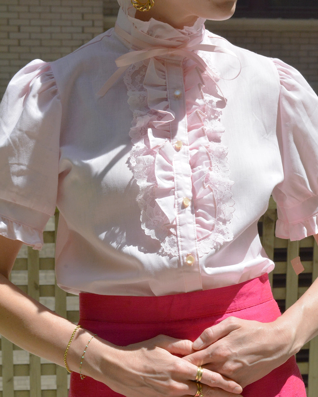 Vintage 1970s Pink Ruffled Blouse with Ribbon Tie