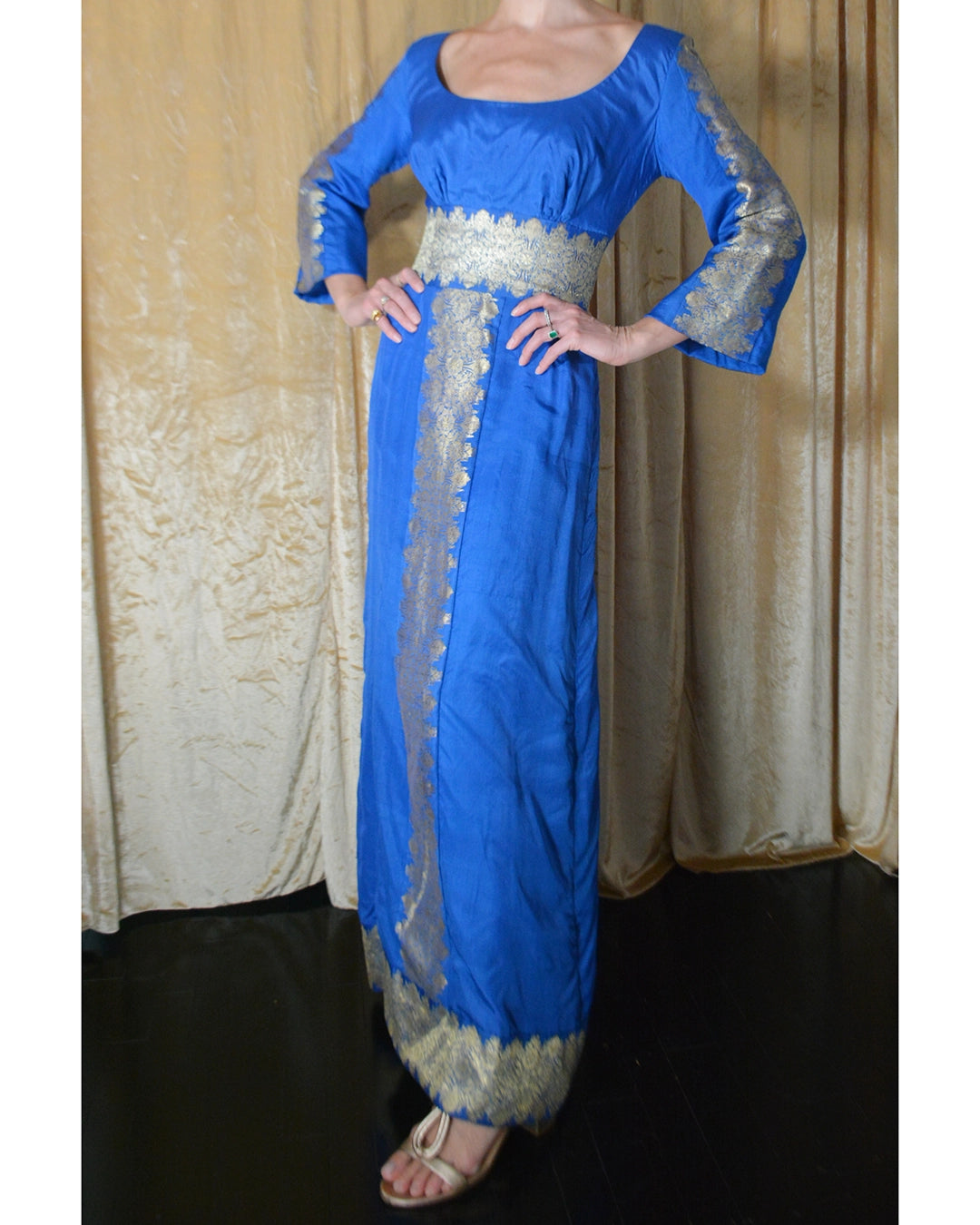 Vintage 1970s Silk Gown with Foil-Printed Metallic Details, Custom Made