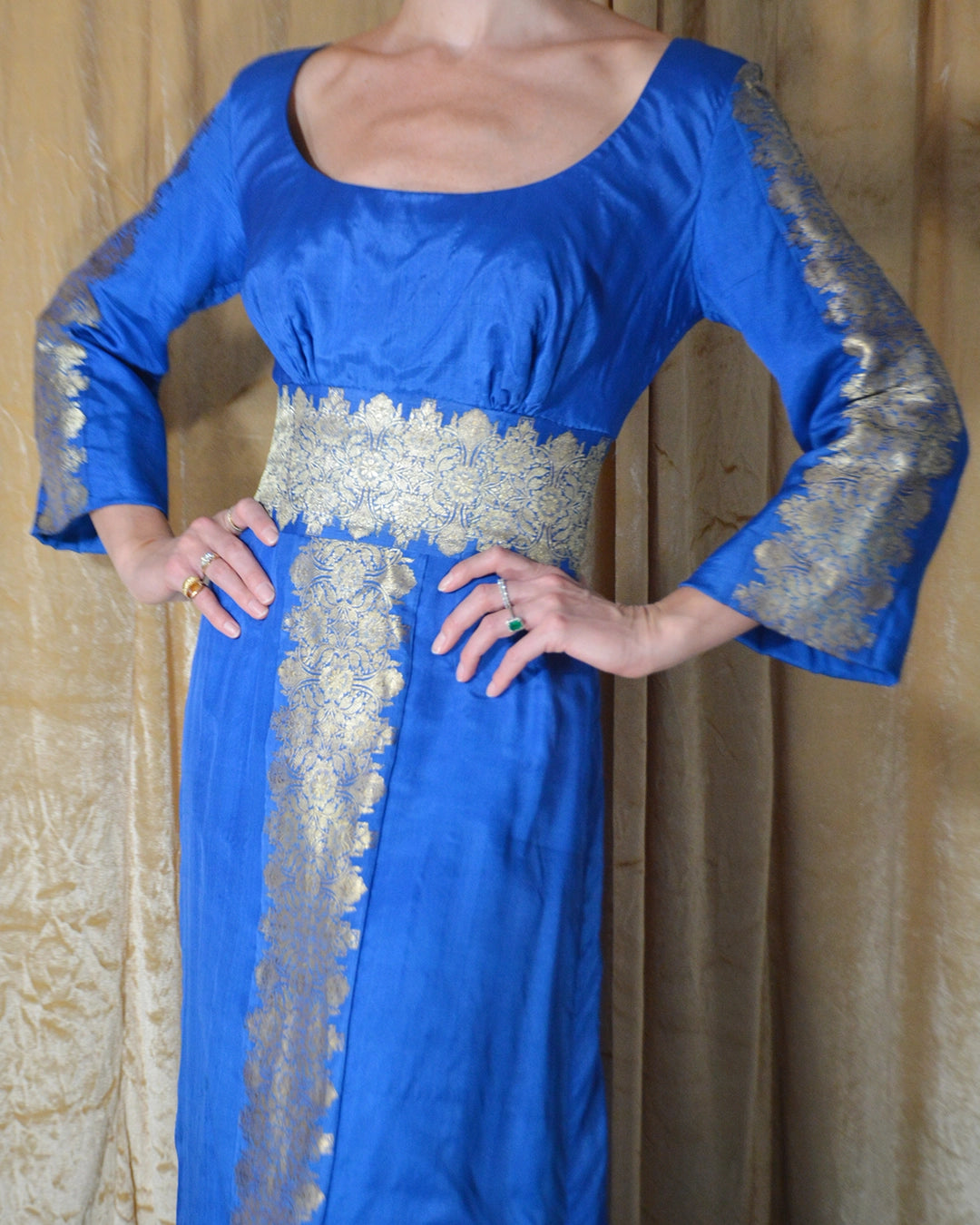 Vintage 1970s Silk Gown with Foil-Printed Metallic Details, Custom Made