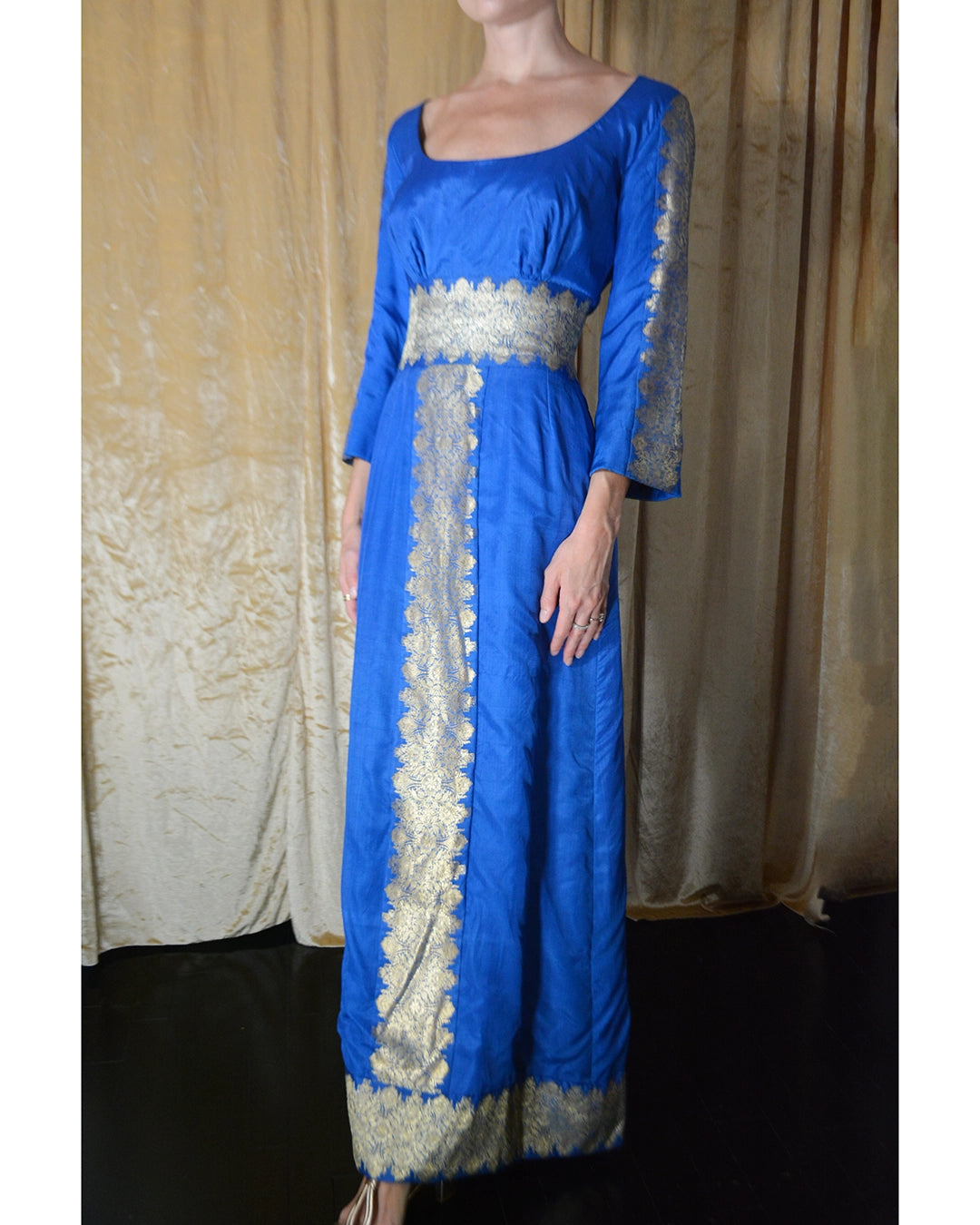 Vintage 1970s Silk Gown with Foil-Printed Metallic Details, Custom Made