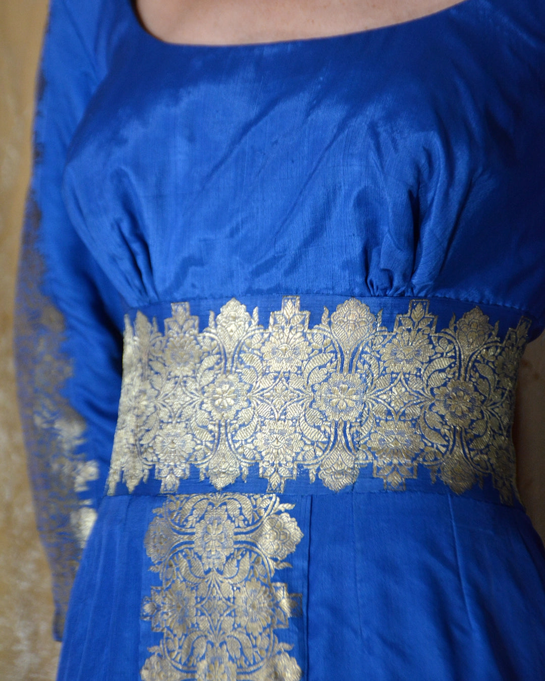 Vintage 1970s Silk Gown with Foil-Printed Metallic Details, Custom Made
