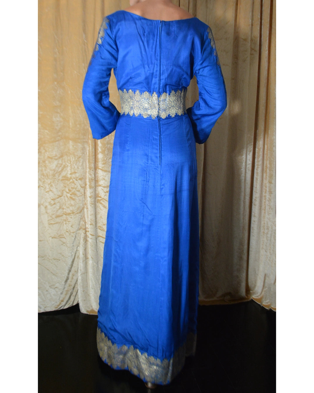 Vintage 1970s Silk Gown with Foil-Printed Metallic Details, Custom Made