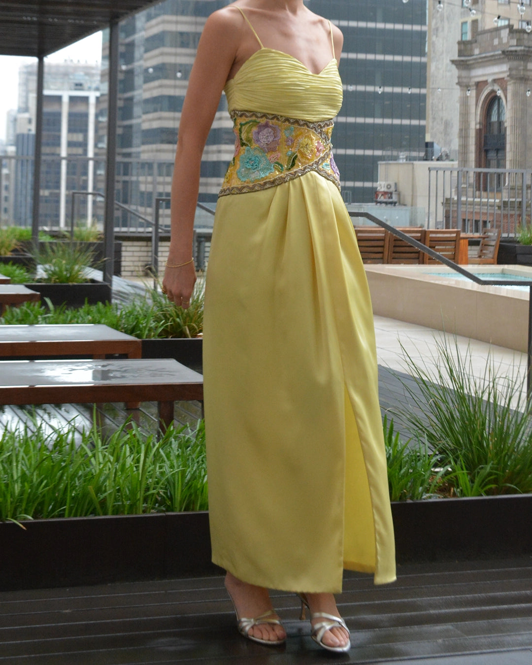 Vintage 1980s Mary McFadden Silk Column Gown with Beaded Bodice (Attributed)