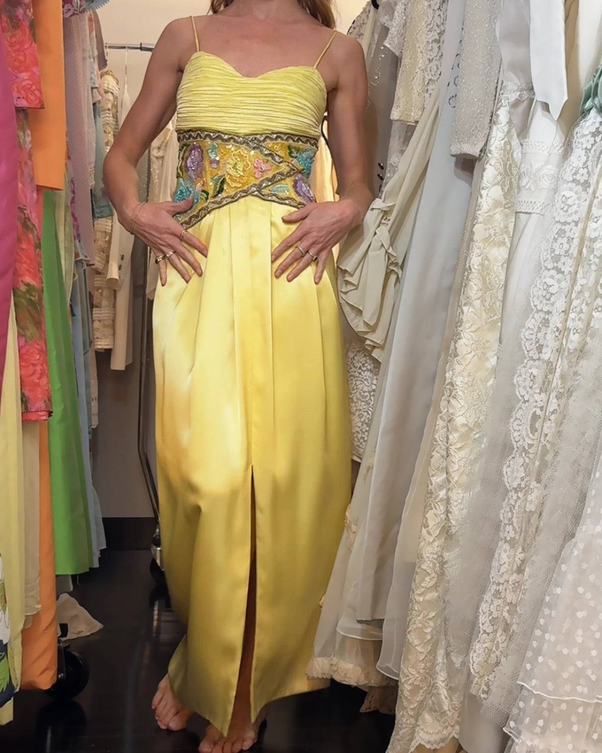 Vintage 1980s Mary McFadden Silk Column Gown with Beaded Bodice (Attributed)