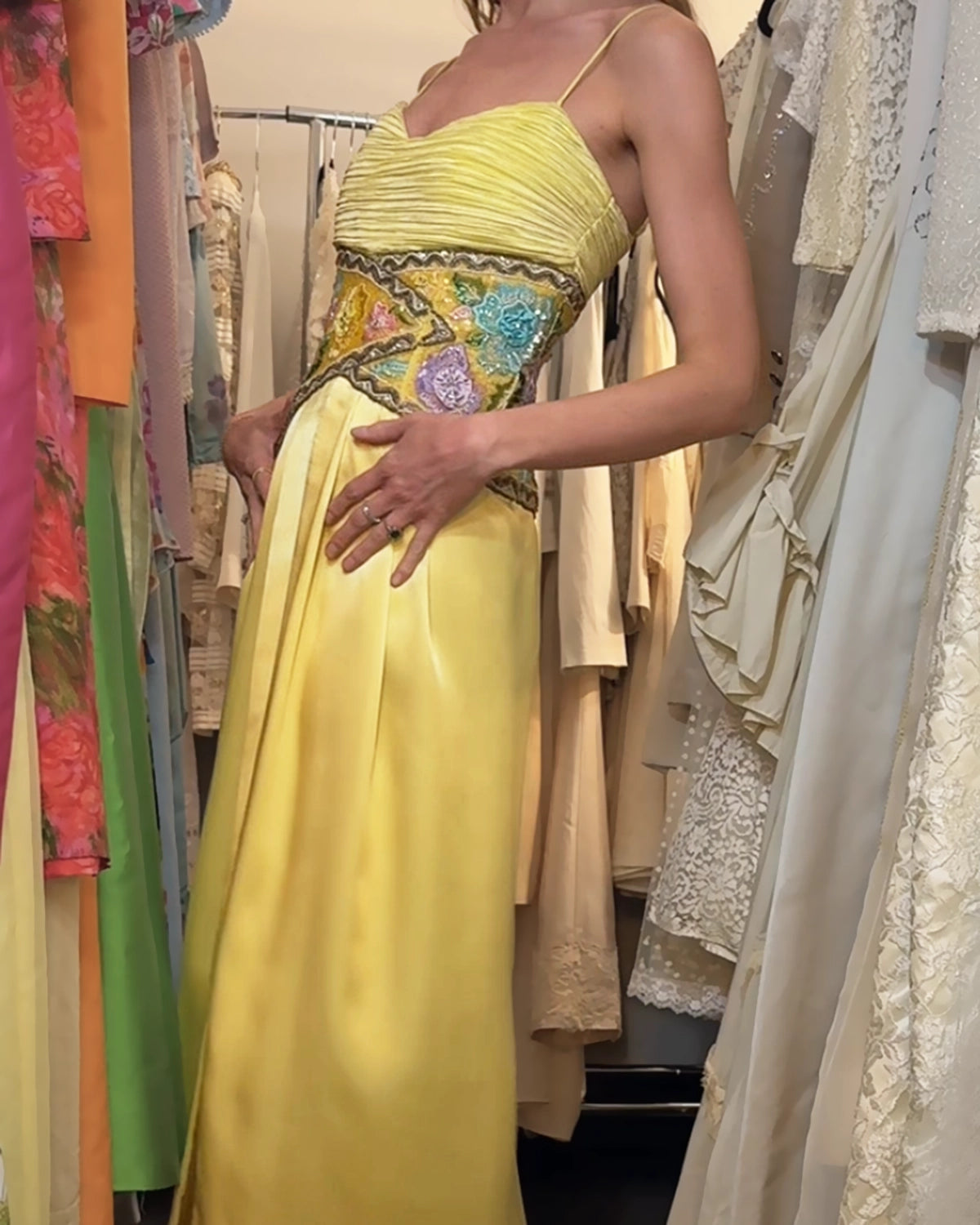 Vintage 1980s Mary McFadden Silk Column Gown with Beaded Bodice (Attributed)