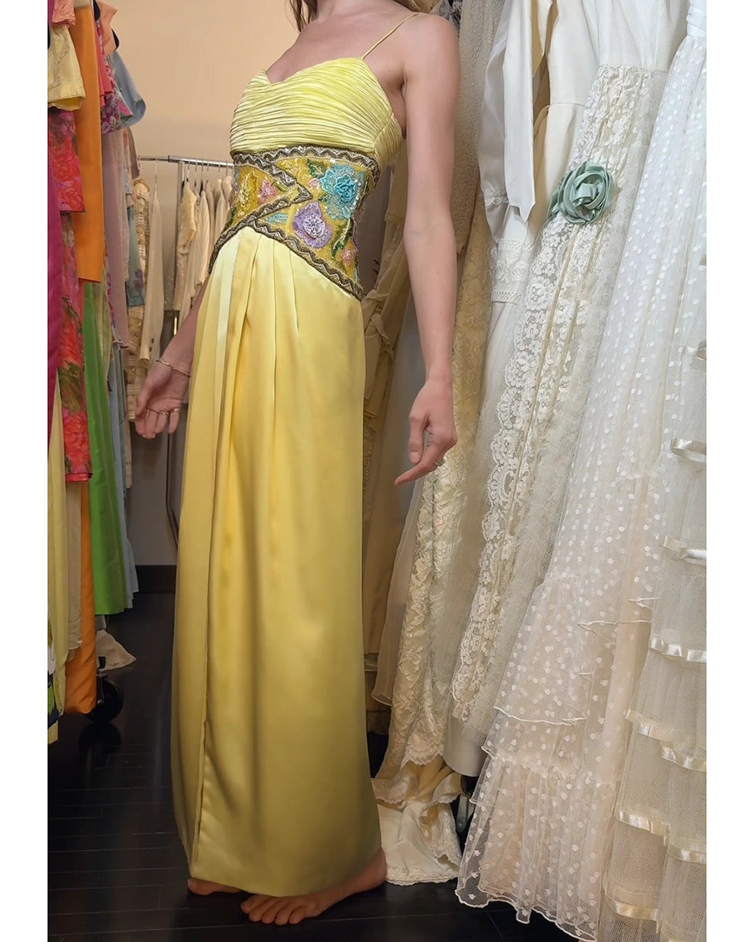 Vintage 1980s Mary McFadden Silk Column Gown with Beaded Bodice (Attributed)
