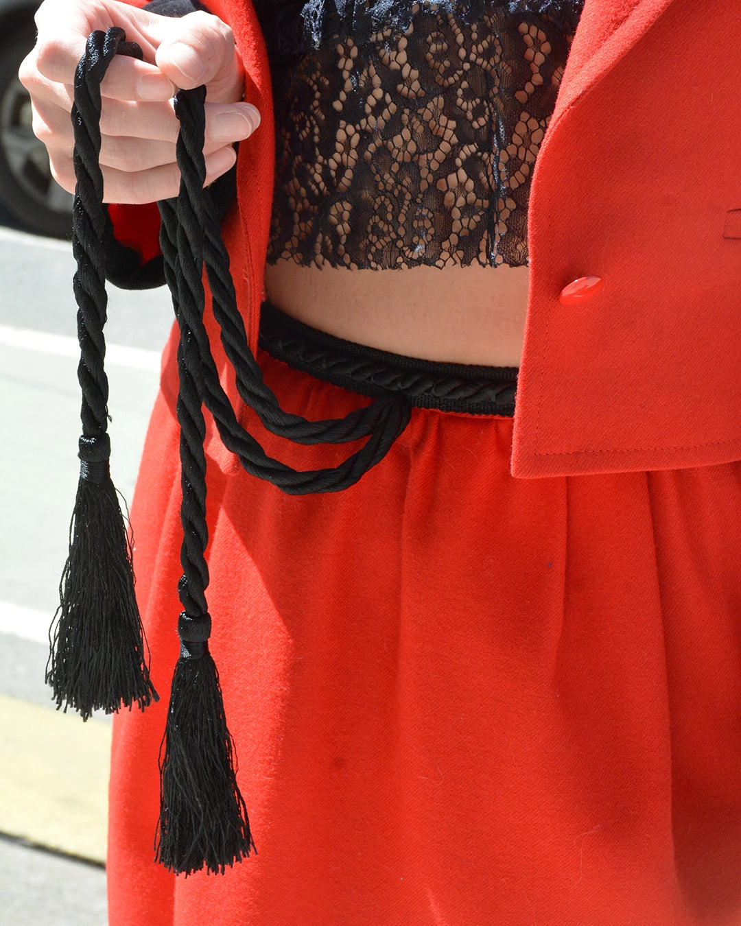 Vintage 1980s Valentino Red Wool Skirt Set with Tassel Details
