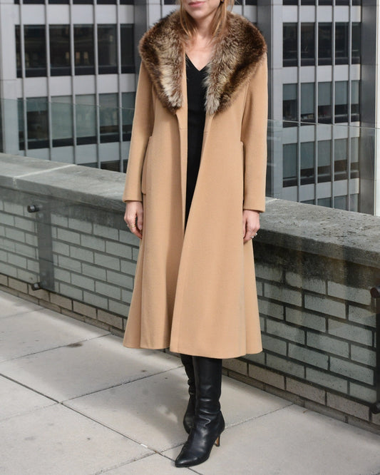 Vintage Belted Wool Princess Coat with Fox Fur Collar