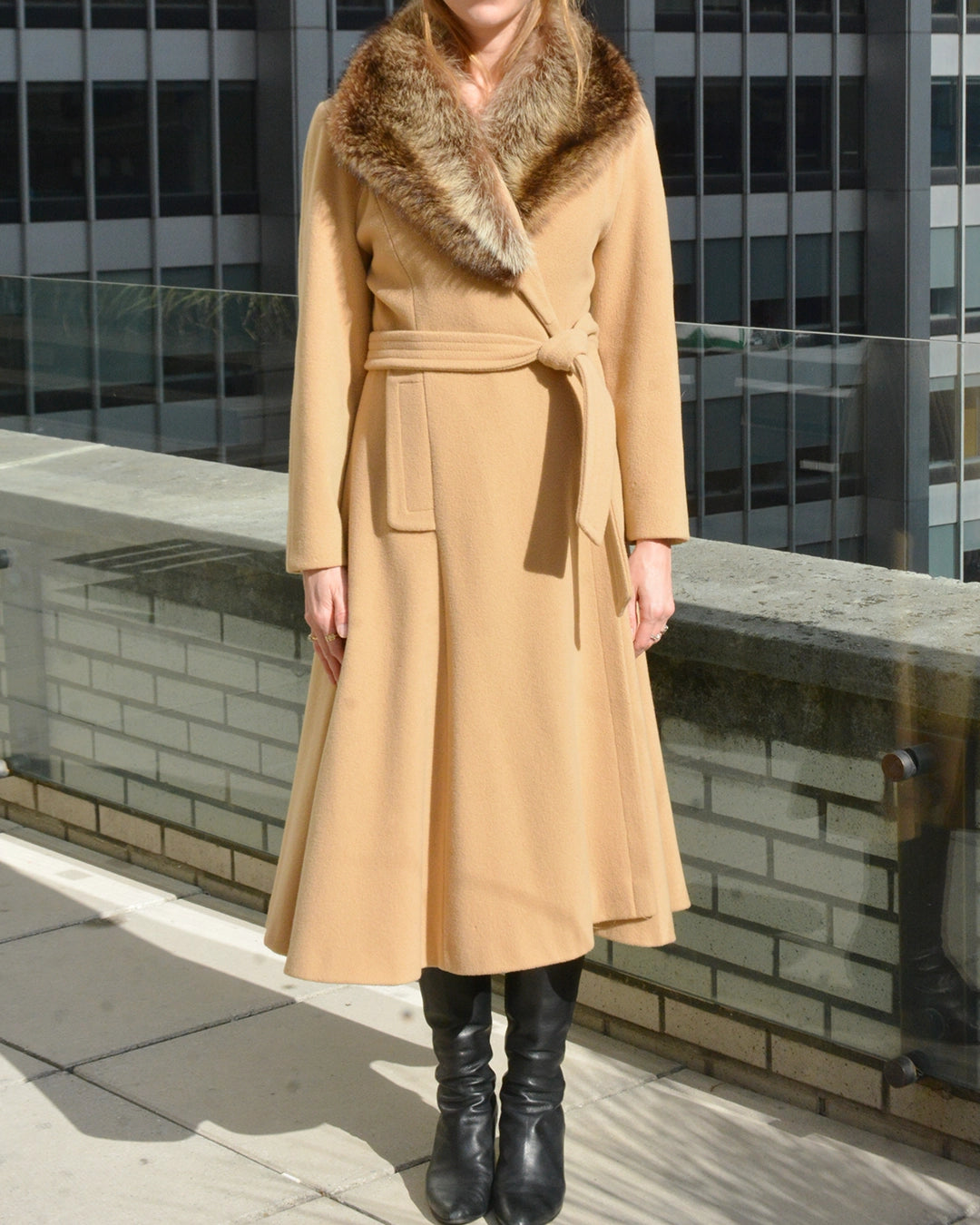 Vintage Belted Wool Princess Coat with Fox Fur Collar
