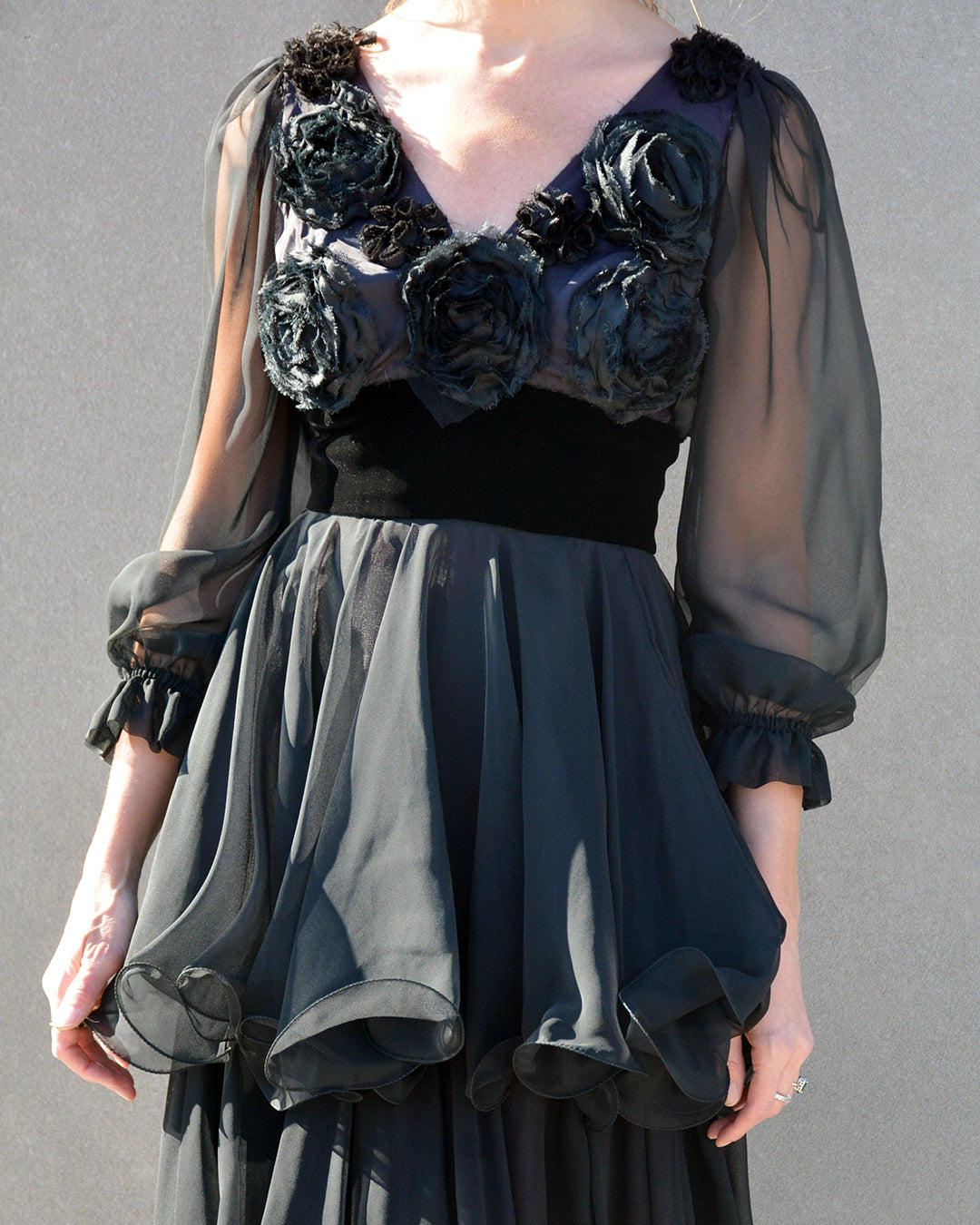 Vintage Black Tiered-Flounce Gown with Rosette Appliqué