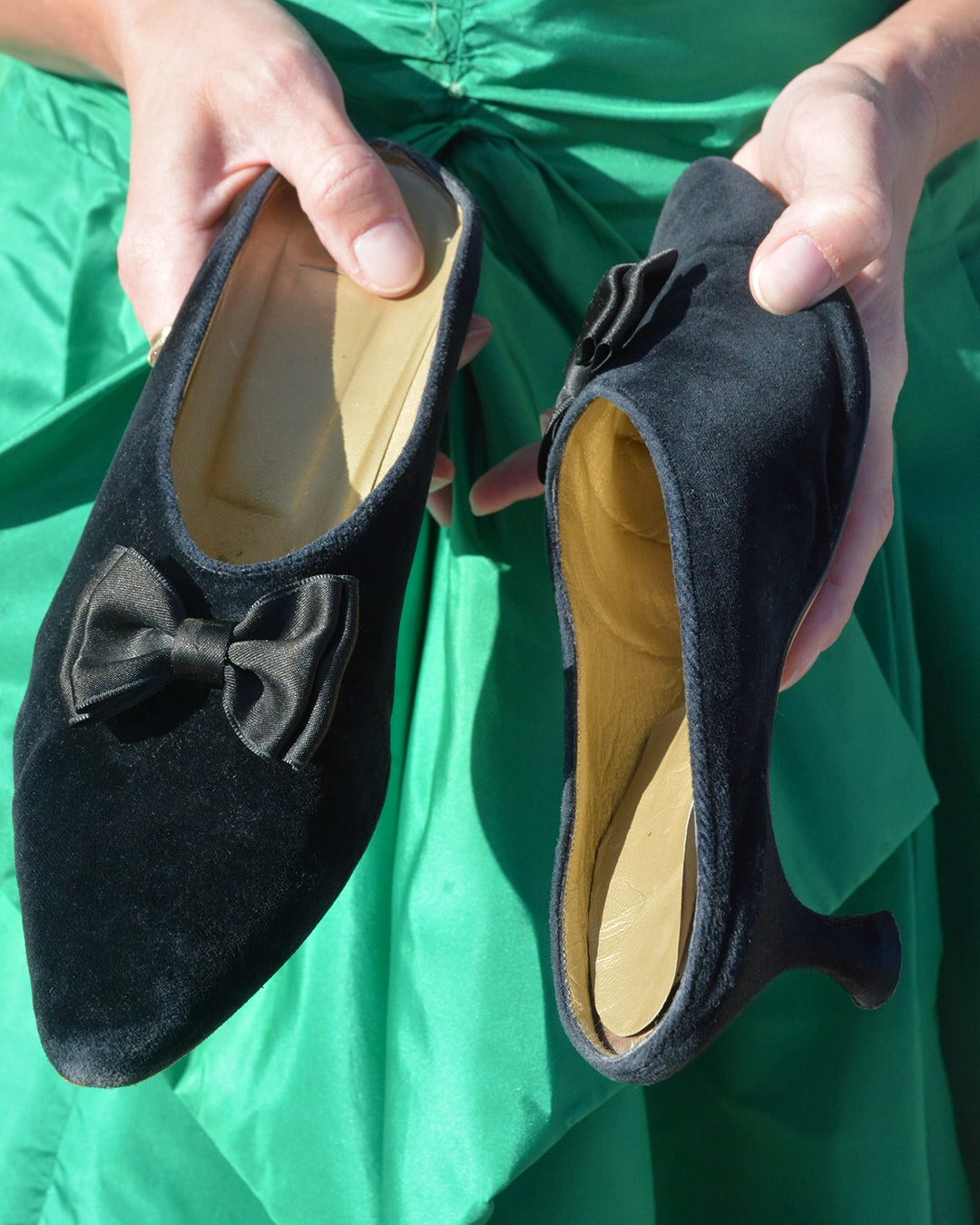 Vintage Black Velvet Bow Kitten Heel Mules