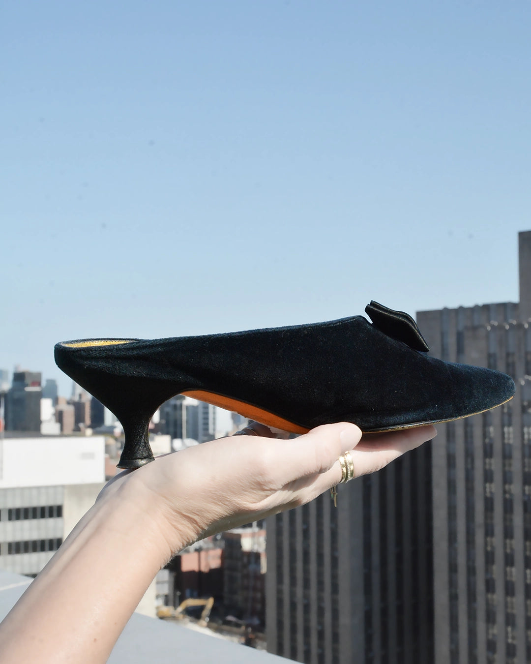 Vintage Black Velvet Bow Kitten Heel Mules