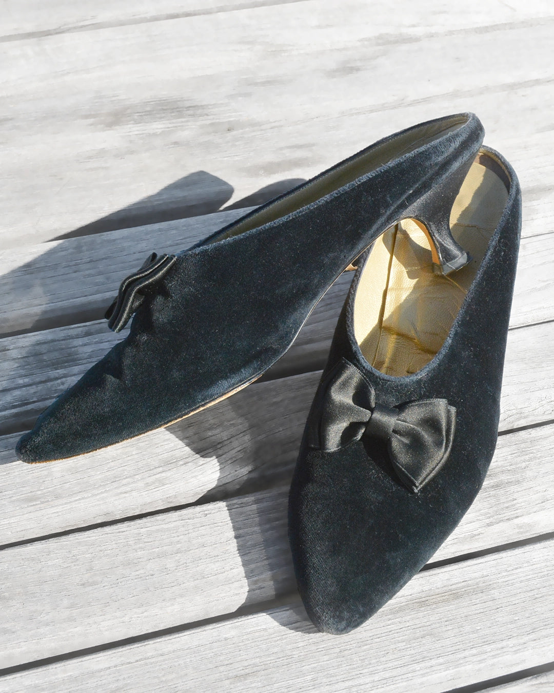 Vintage Black Velvet Bow Kitten Heel Mules
