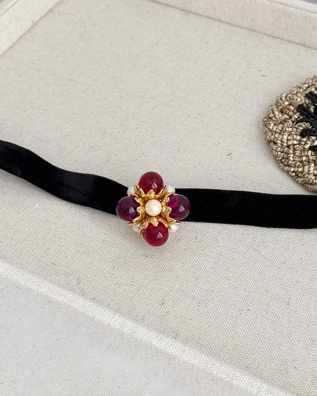 Vintage Cabochon Glass Ruby Stud Earrings + Choker Set
