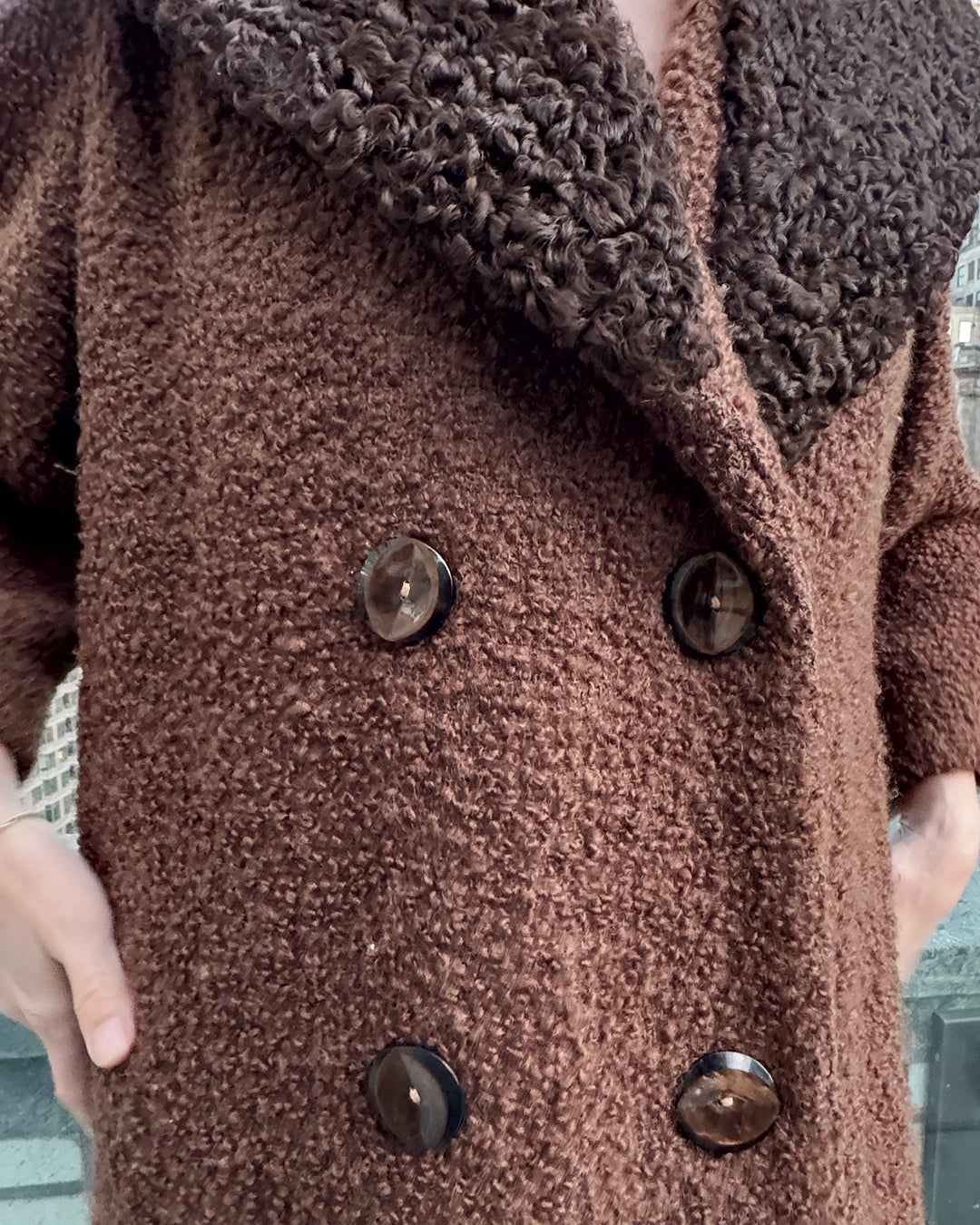 Vintage Double-Breasted Bouclé Wool Coat with Persian Lamb Collar