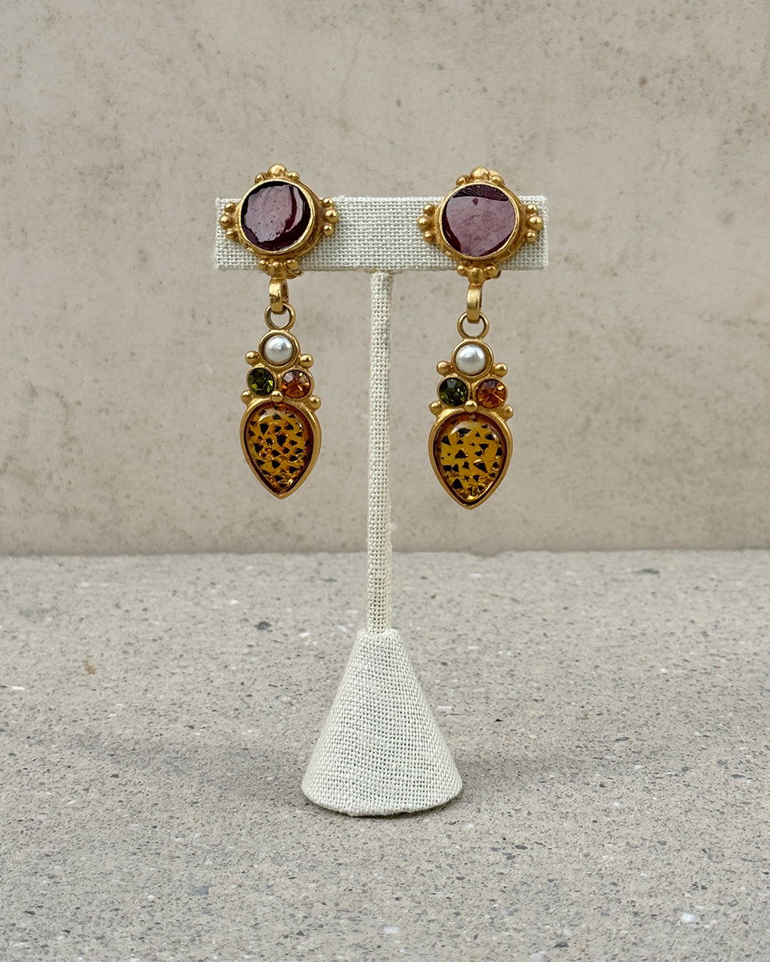 Vintage Etruscan Style Gold and Glass Earrings