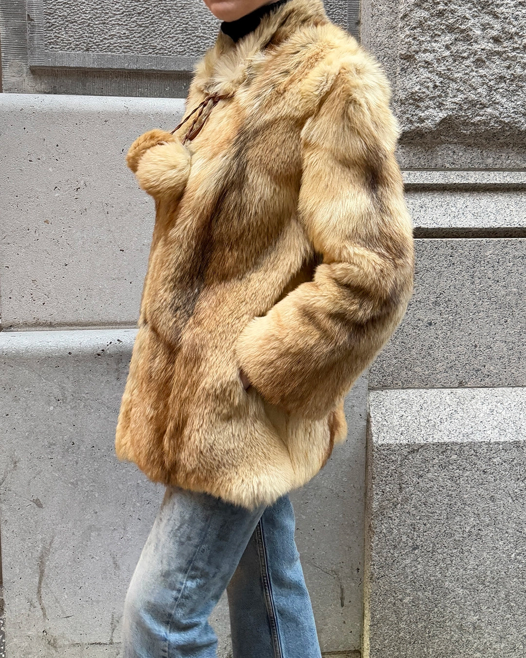 Vintage Fox Fur Coat with Pom Pom Tassels