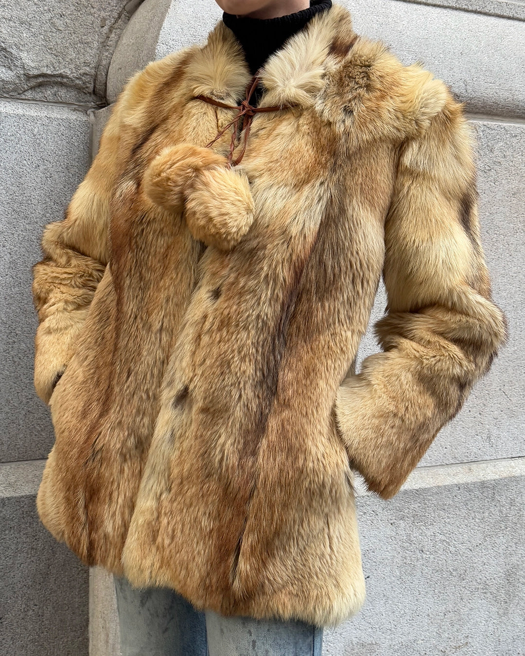 Vintage Fox Fur Coat with Pom Pom Tassels