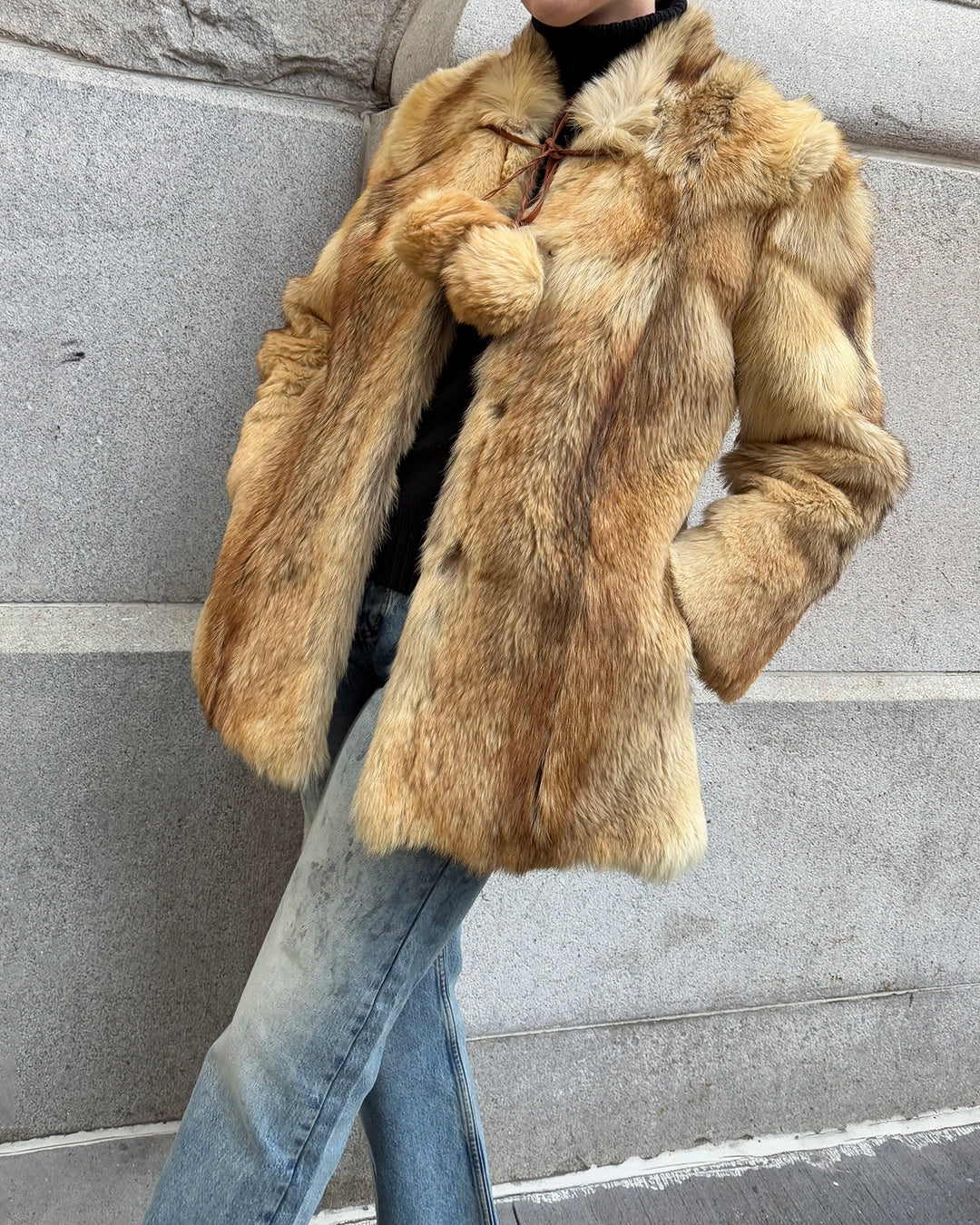 Vintage Fox Fur Coat with Pom Pom Tassels