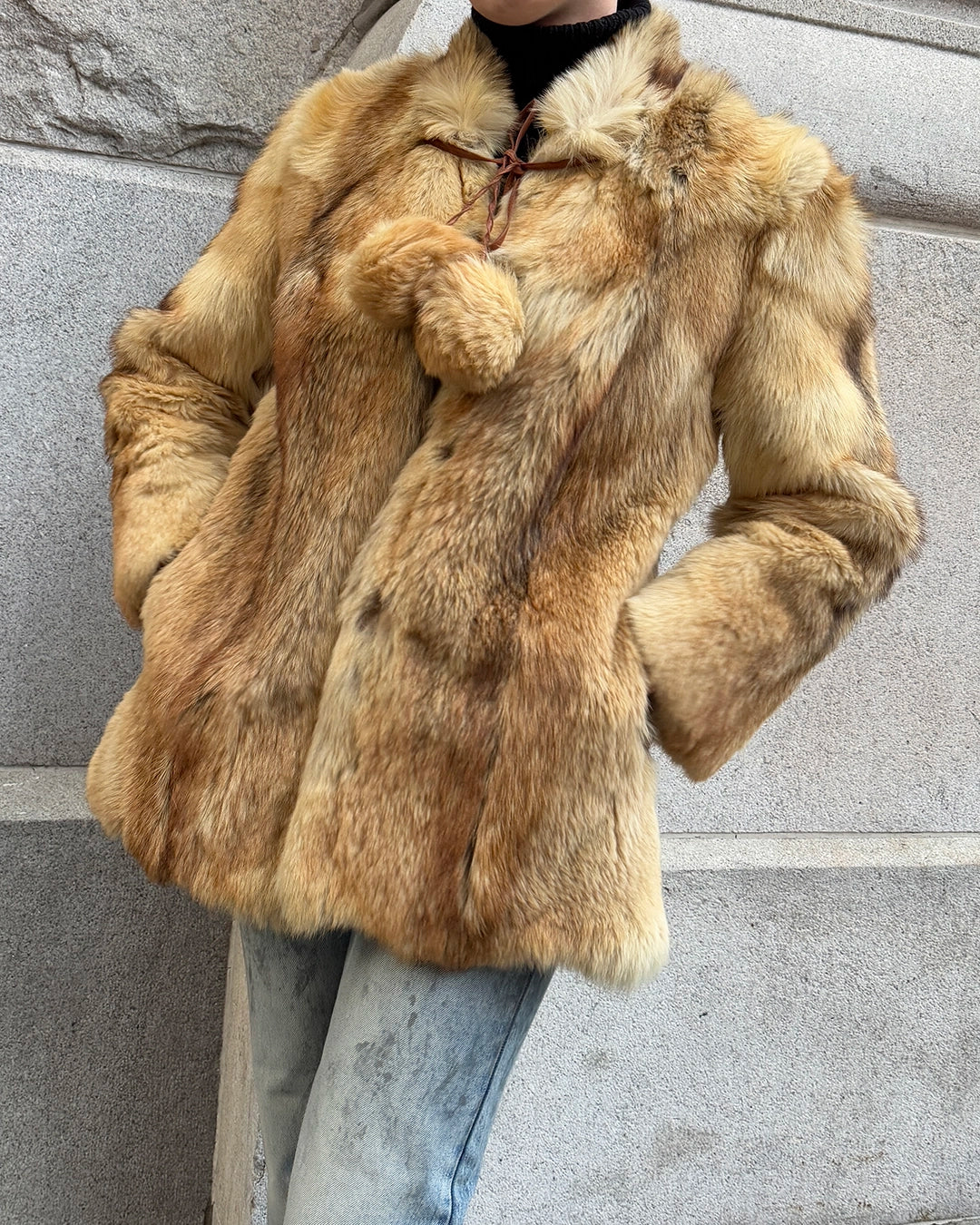 Vintage Fox Fur Coat with Pom Pom Tassels