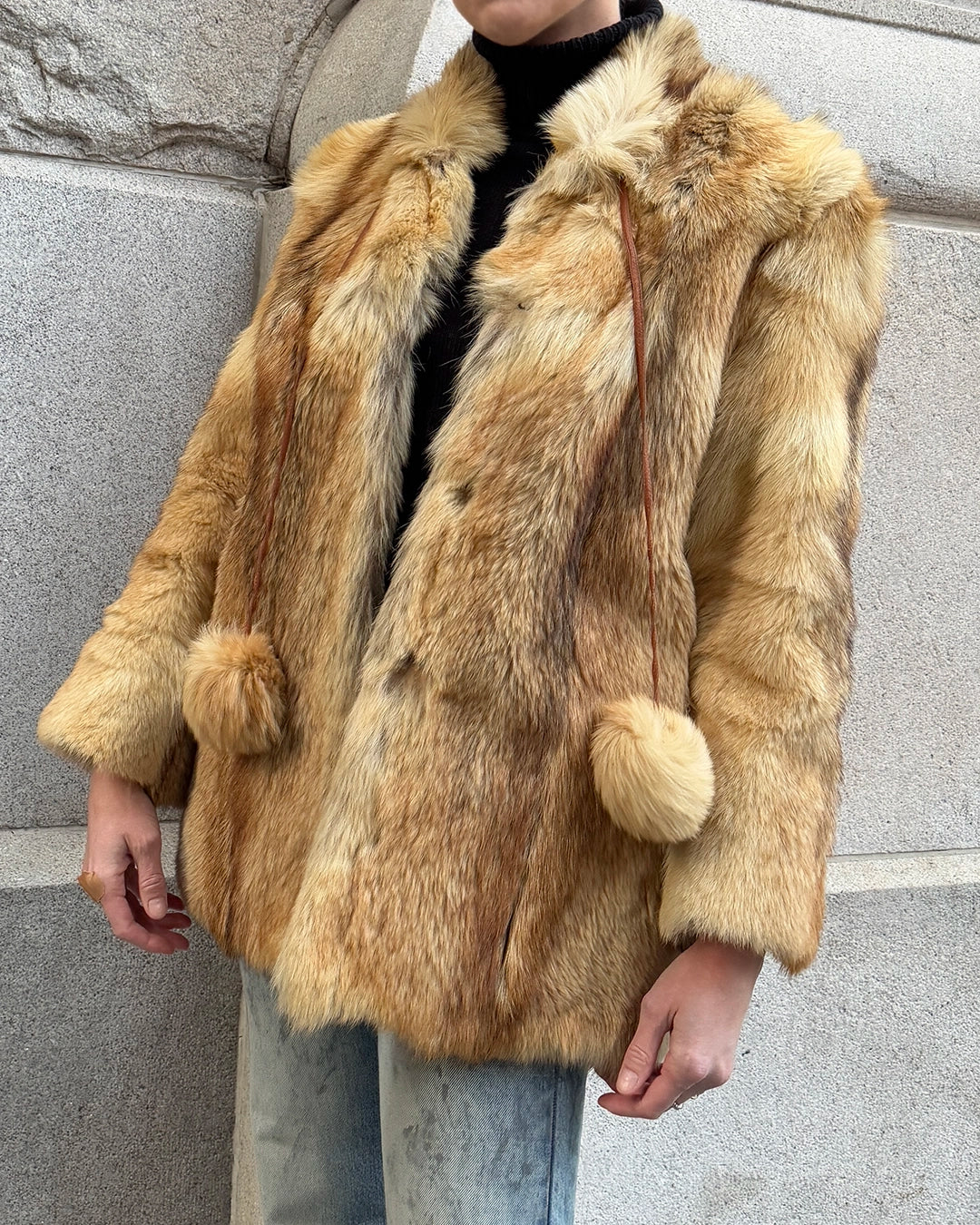 Vintage Fox Fur Coat with Pom Pom Tassels