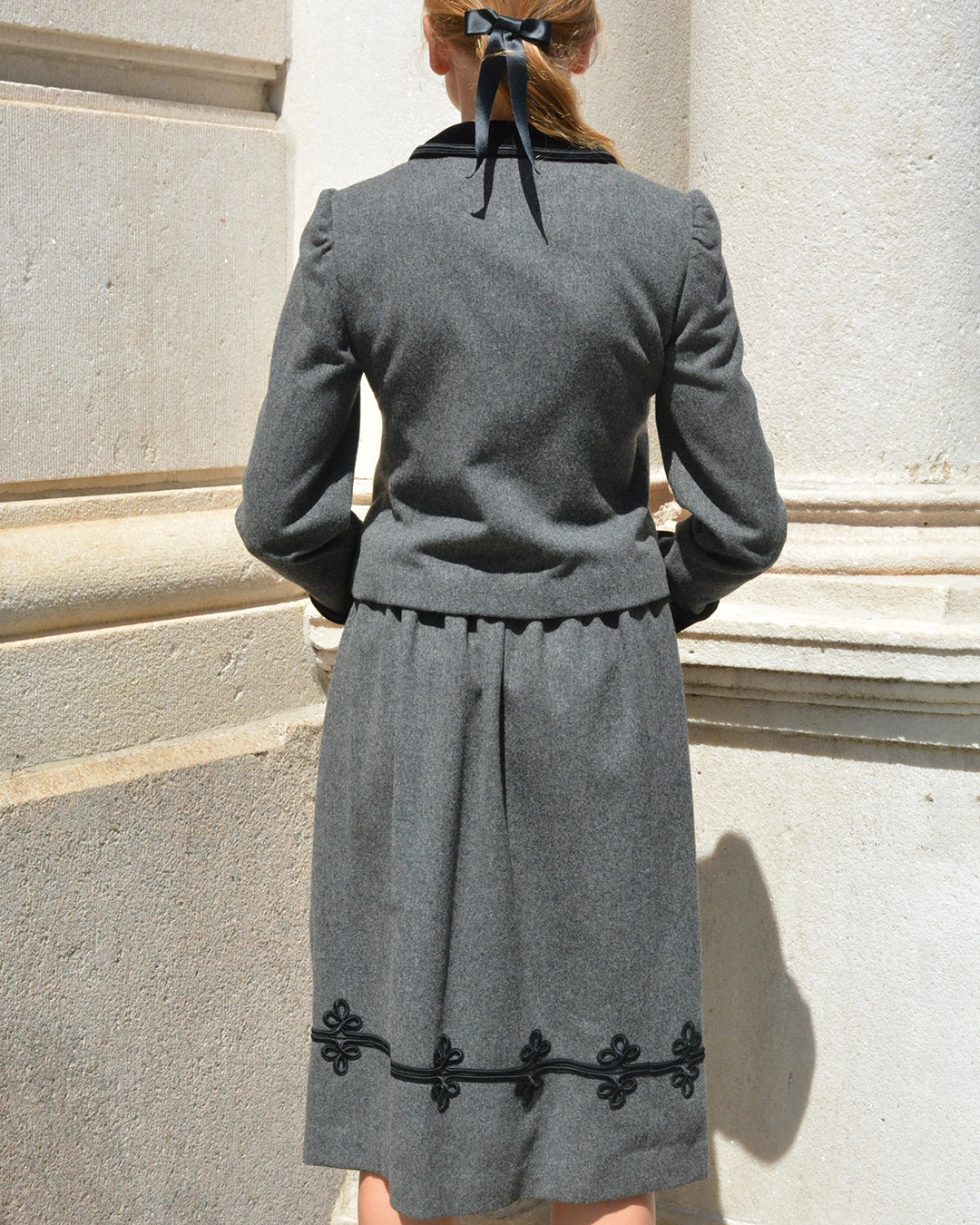 Vintage Gloria Sachs Flannel Wool Velvet-Trimmed Skirt Set