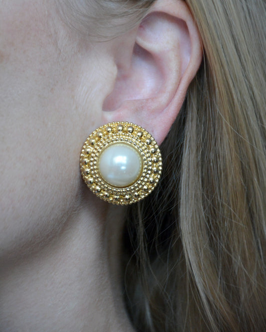 Vintage Gold and Pearl Button Stud Earrings