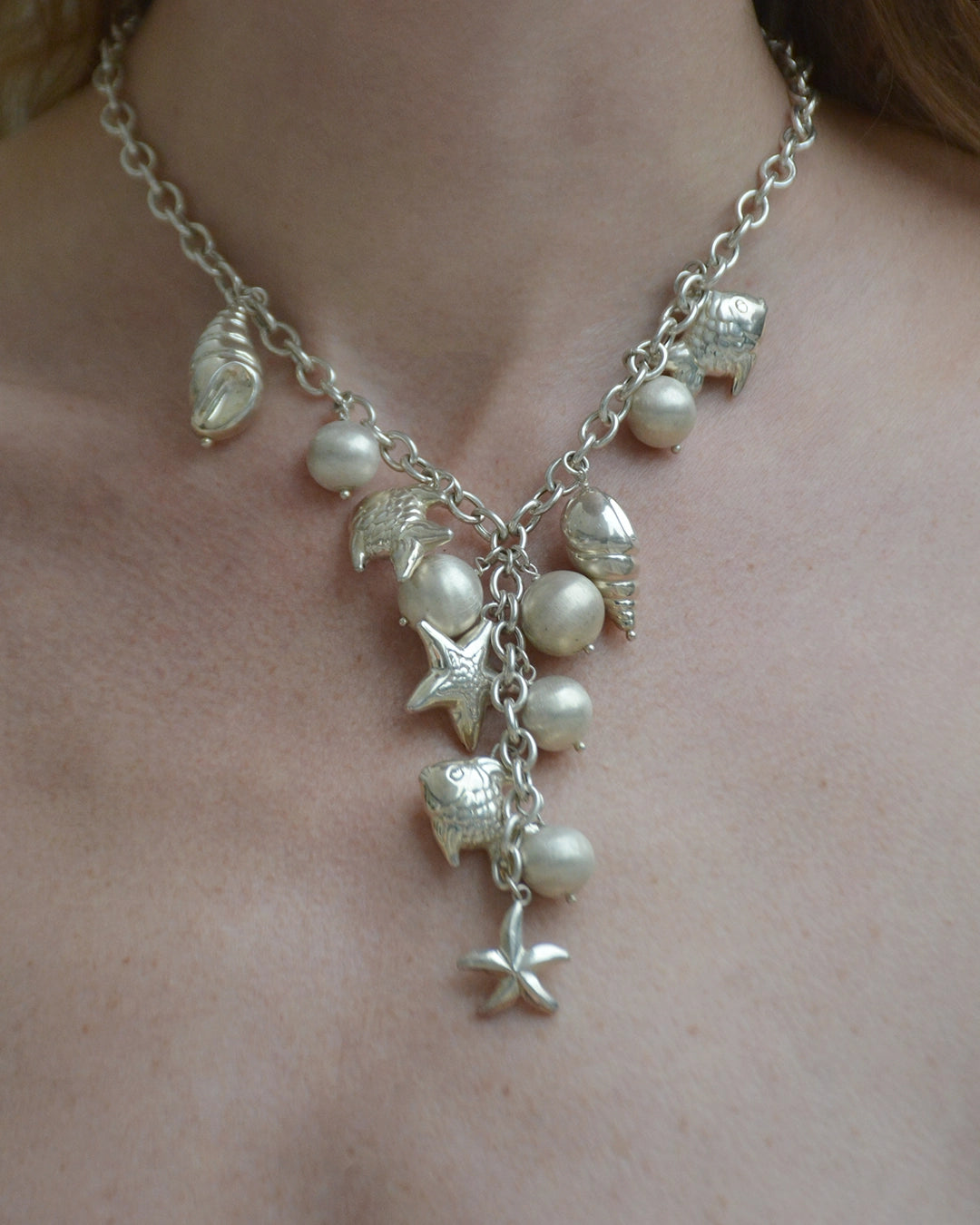 Vintage Italian Sterling Silver Sealife Lariat Charm Necklace