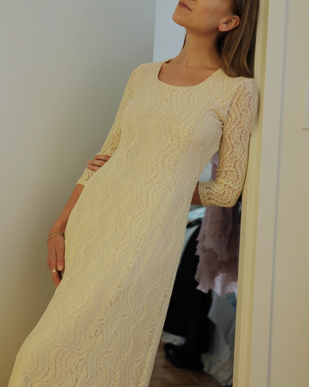 Vintage Ivory Lace Long Sleeve Princess Cut Column Dress