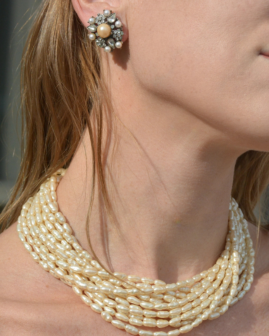 Vintage Jolie Gabor Pearl and Crystal Necklace + Earrings Parure