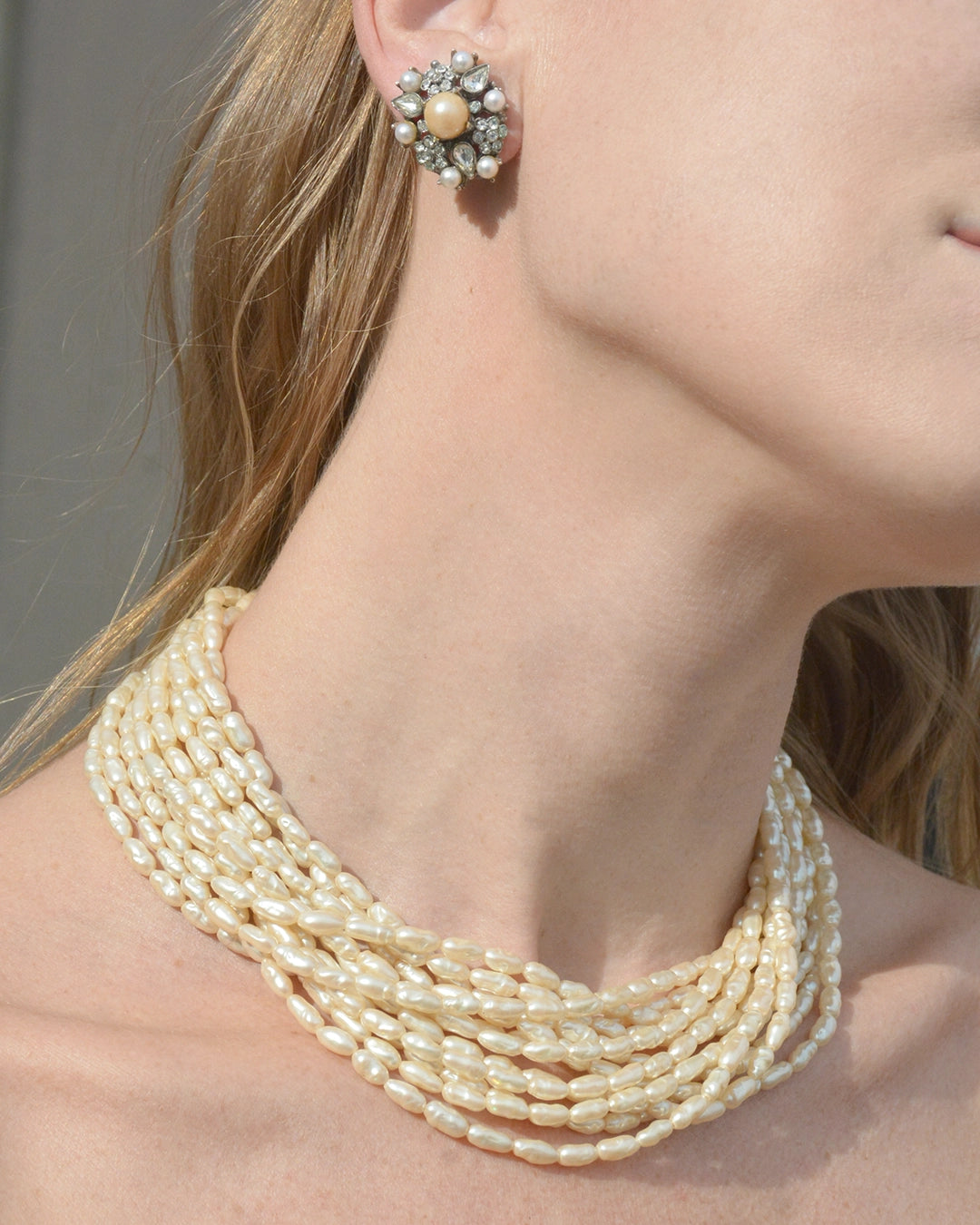 Vintage Jolie Gabor Pearl and Crystal Necklace + Earrings Parure