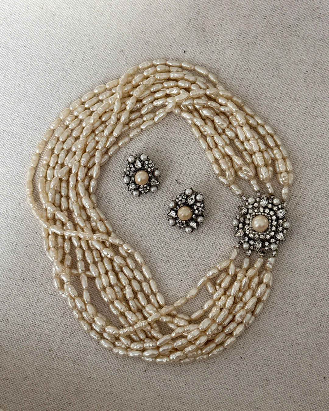 Vintage Jolie Gabor Pearl and Crystal Necklace + Earrings Parure