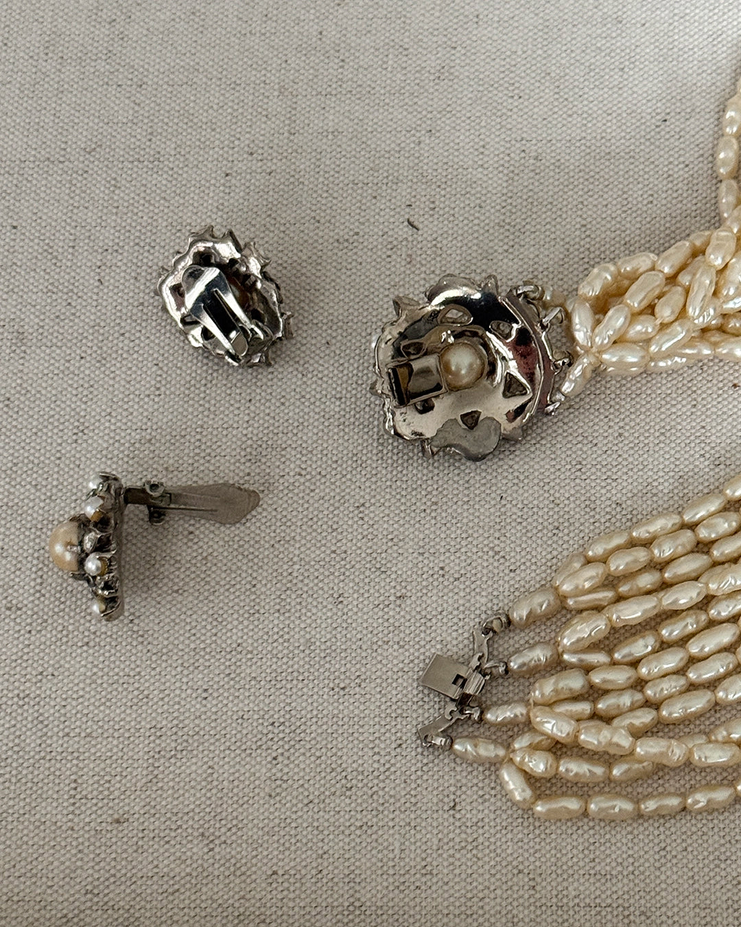 Vintage Jolie Gabor Pearl and Crystal Necklace + Earrings Parure