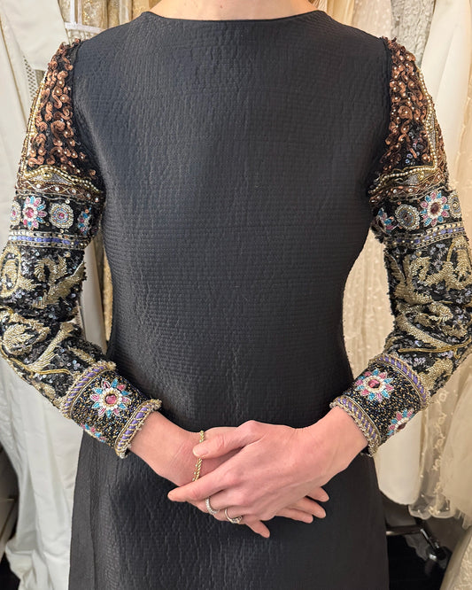 Vintage Mary McFadden Quilted Silk Dress with Embellished Sleeves