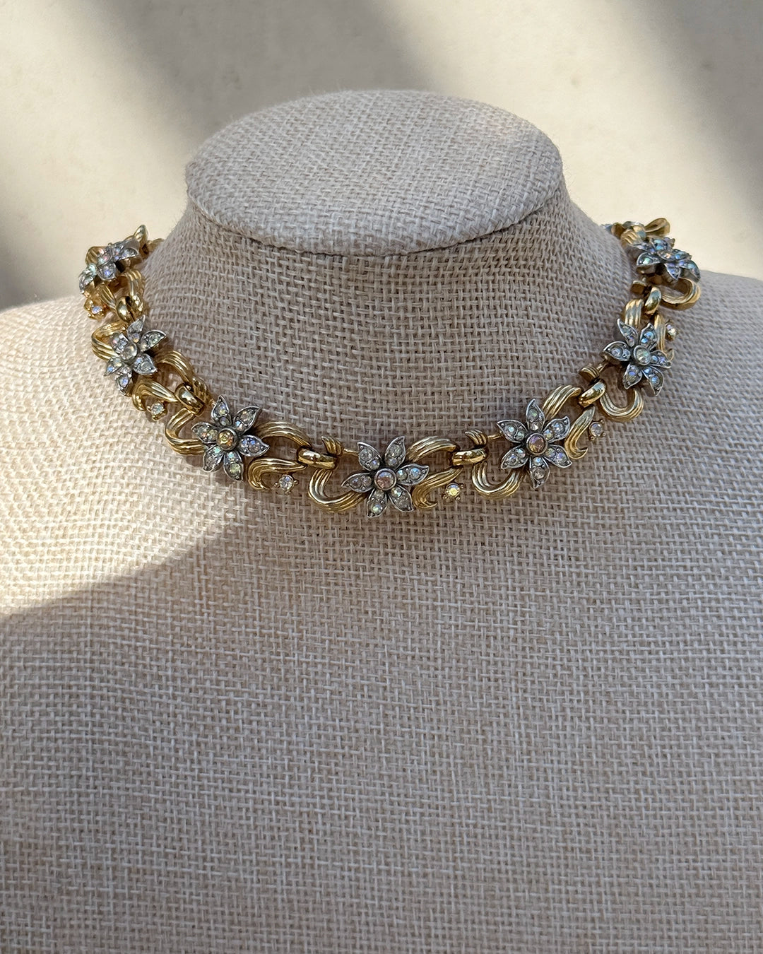 Vintage Midcentury Trifari Gold and Crystal Floral Demi-Parure, Necklace and Bracelet