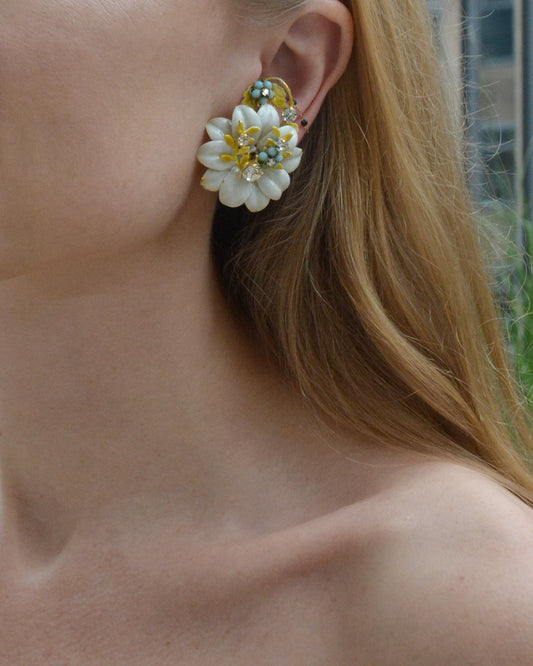 Vintage Midcentury "by Robért" Sculptural Flower Earrings with Hand-Enameled Color and Crystal Details