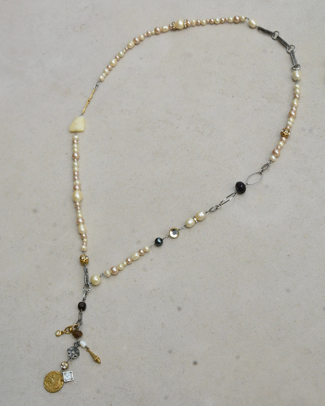 Vintage Pearl and Mixed-Metal Charm Lariat Necklace