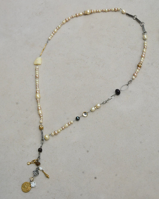 Vintage Pearl and Mixed-Metal Charm Lariat Necklace