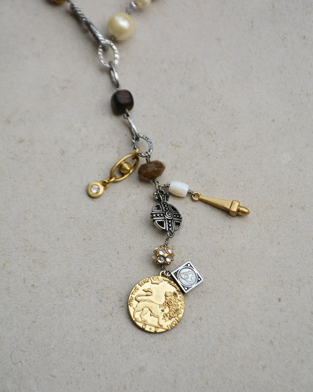 Vintage Pearl and Mixed-Metal Charm Lariat Necklace