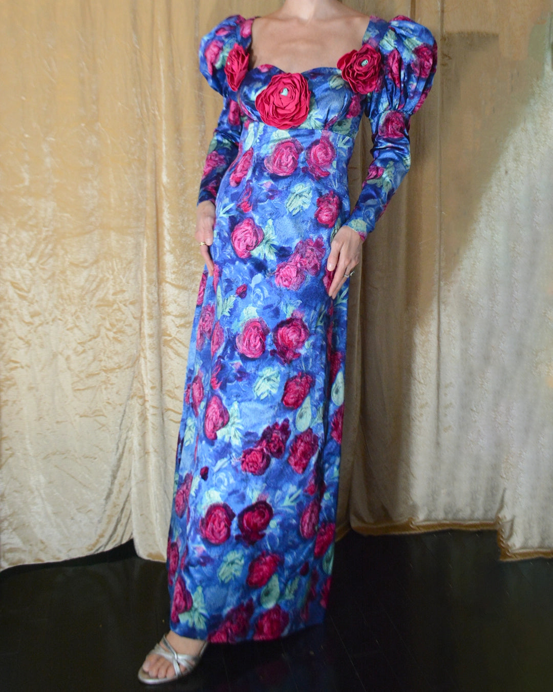 Vintage Puff Sleeve Flocked Floral Gown with Flower Appliqué