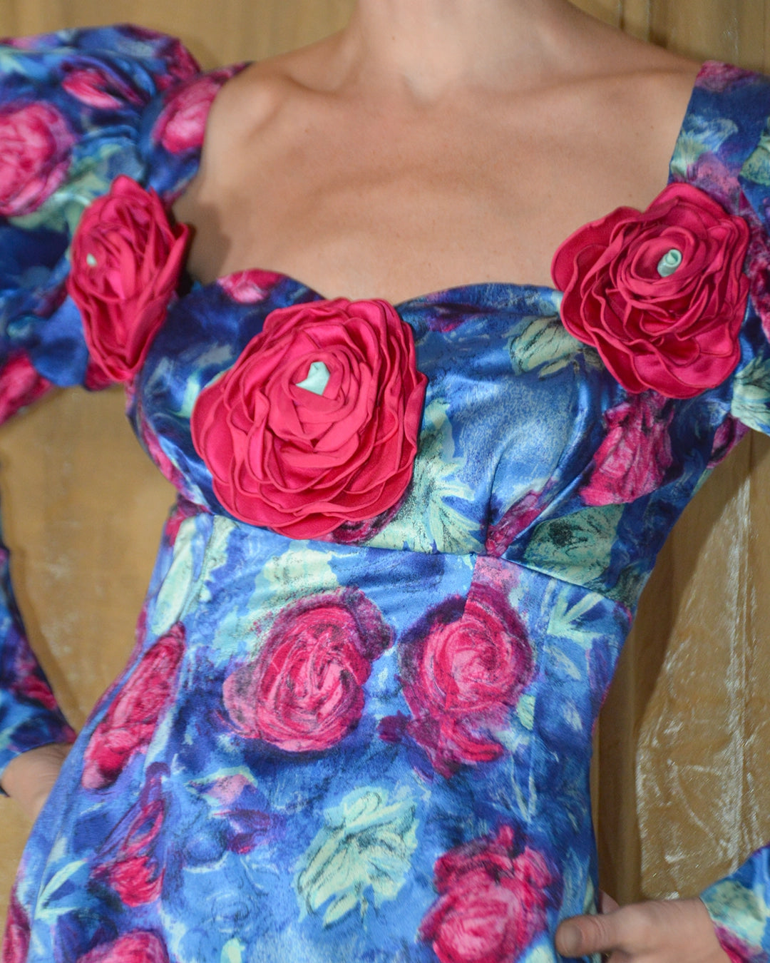 Vintage Puff Sleeve Flocked Floral Gown with Flower Appliqué
