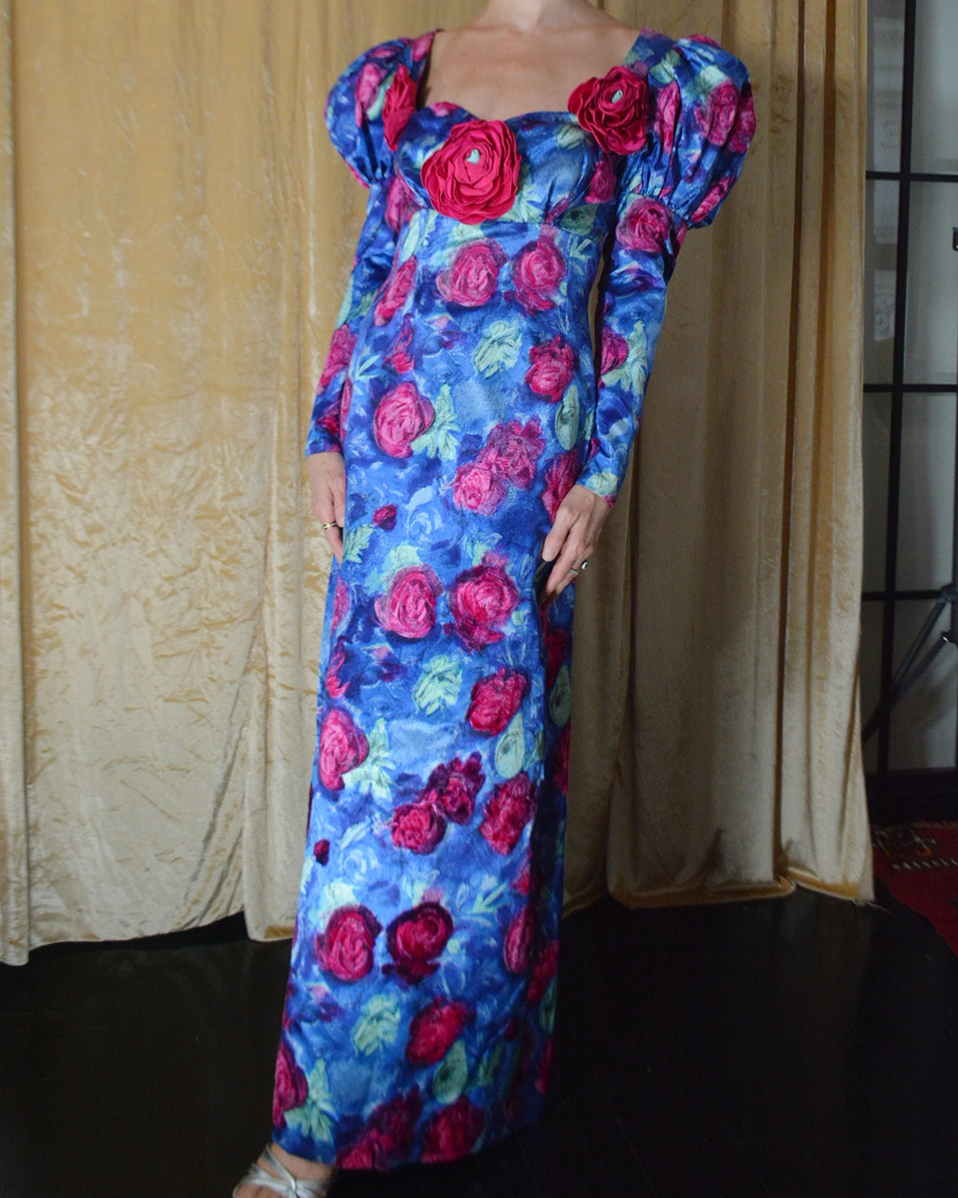 Vintage Puff Sleeve Flocked Floral Gown with Flower Appliqué
