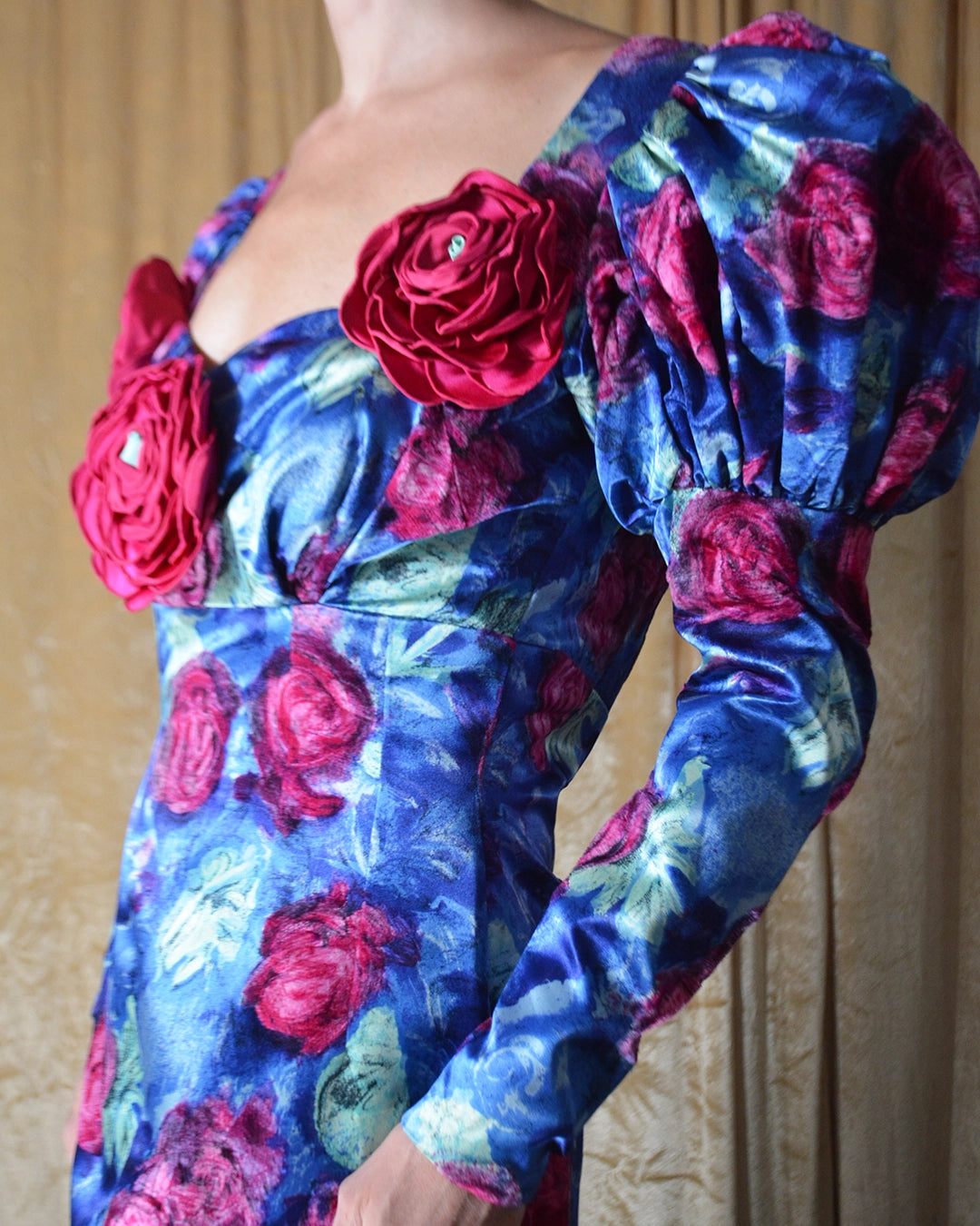 Vintage Puff Sleeve Flocked Floral Gown with Flower Appliqué