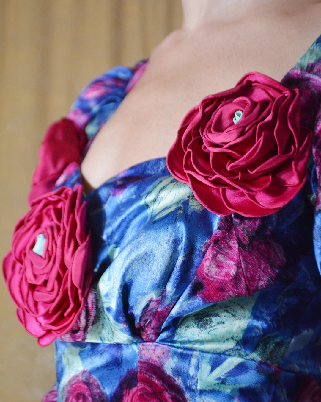 Vintage Puff Sleeve Flocked Floral Gown with Flower Appliqué