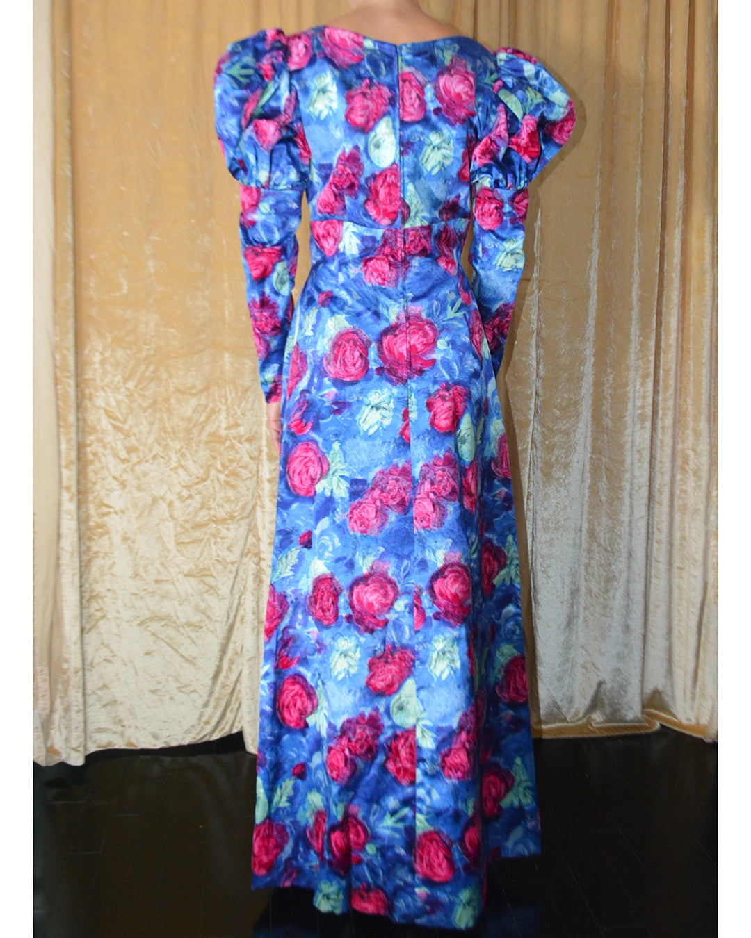 Vintage Puff Sleeve Flocked Floral Gown with Flower Appliqué