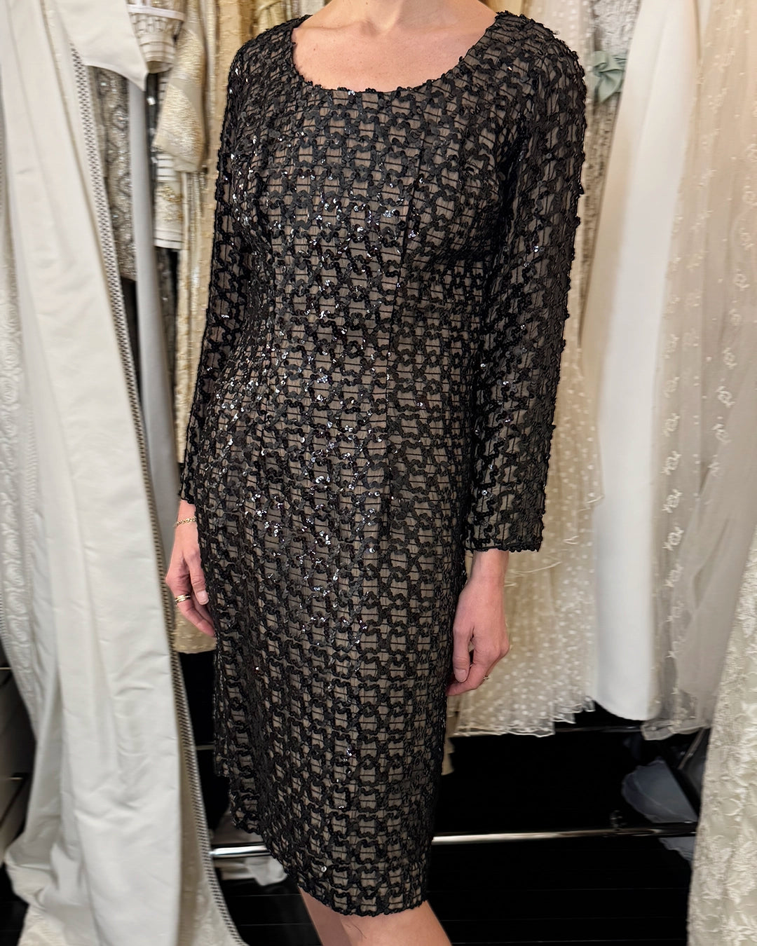 Vintage Sequin-Embellished Long Sleeve Sheath Dress